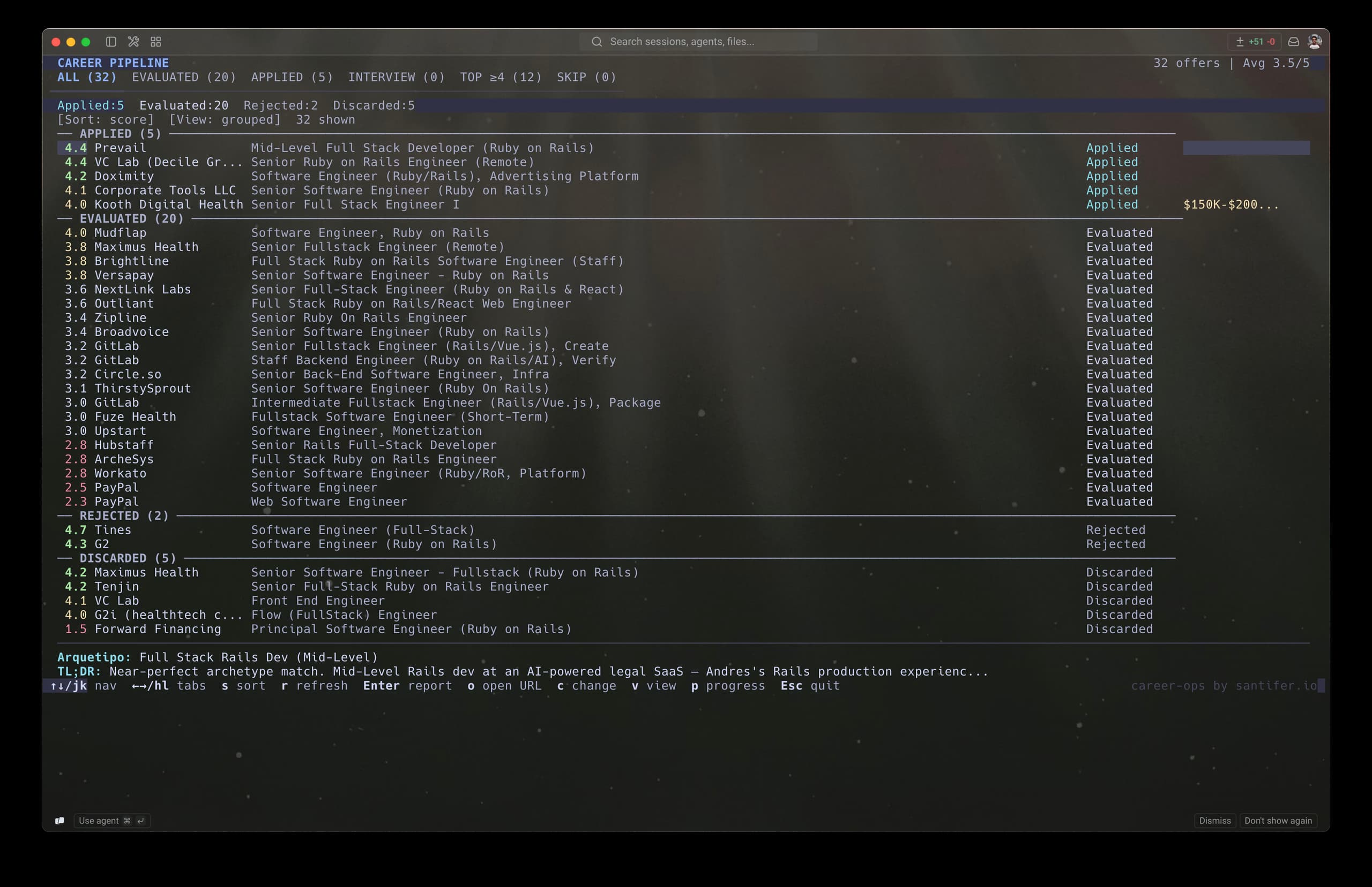 career-ops terminal interface showing the job pipeline tracker