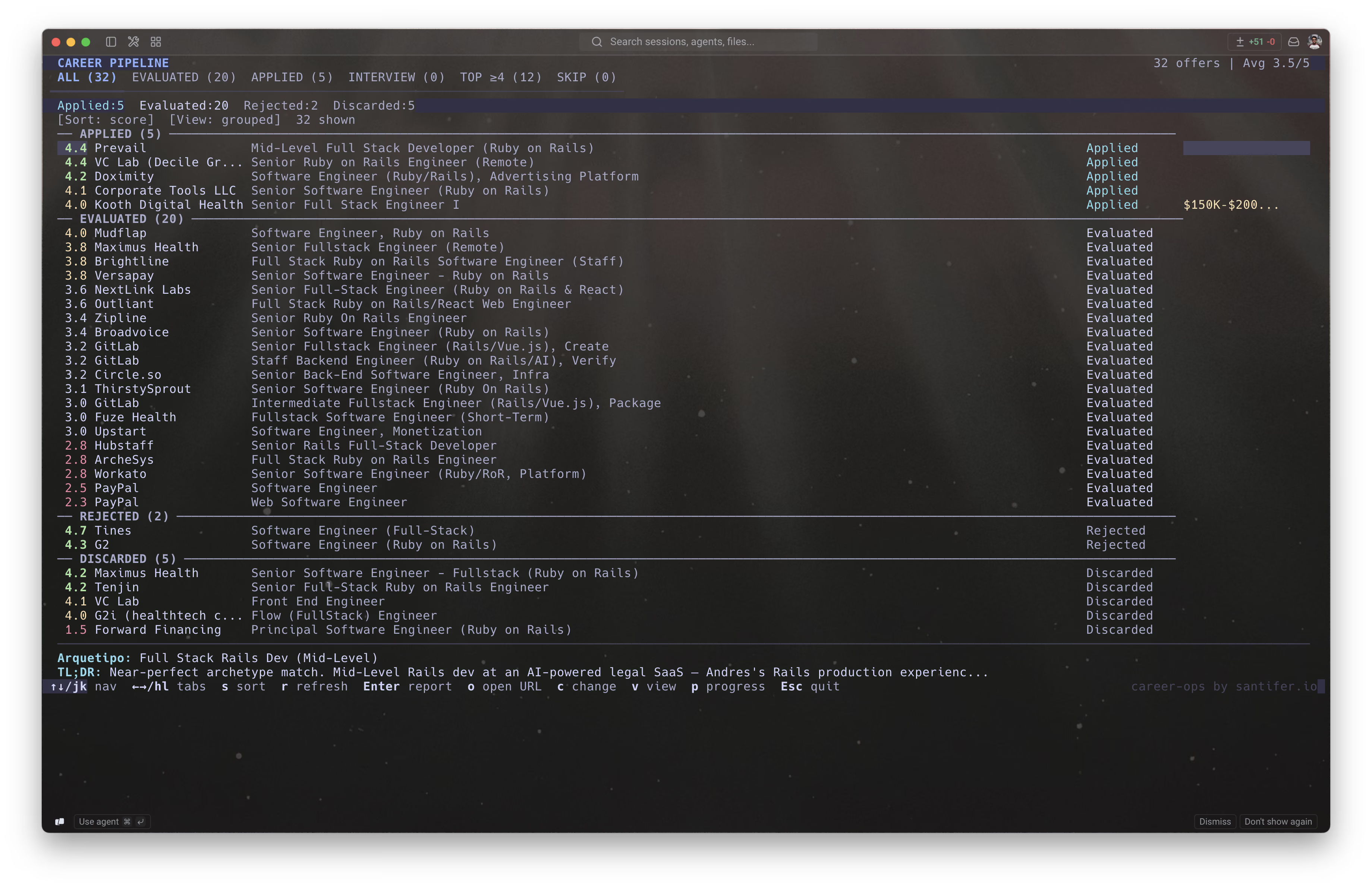 Interfaz de terminal de career-ops con el tracker de candidaturas