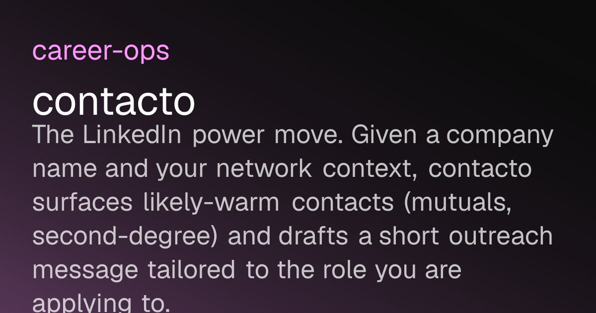career-ops contacto mode — find warm LinkedIn contacts and draft outreach